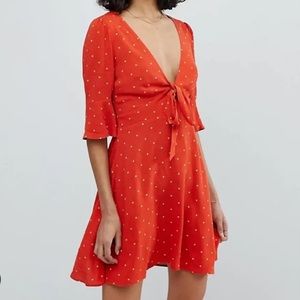 Free People All Yours Orange and Yellow Polkadot Bow Detail Dress